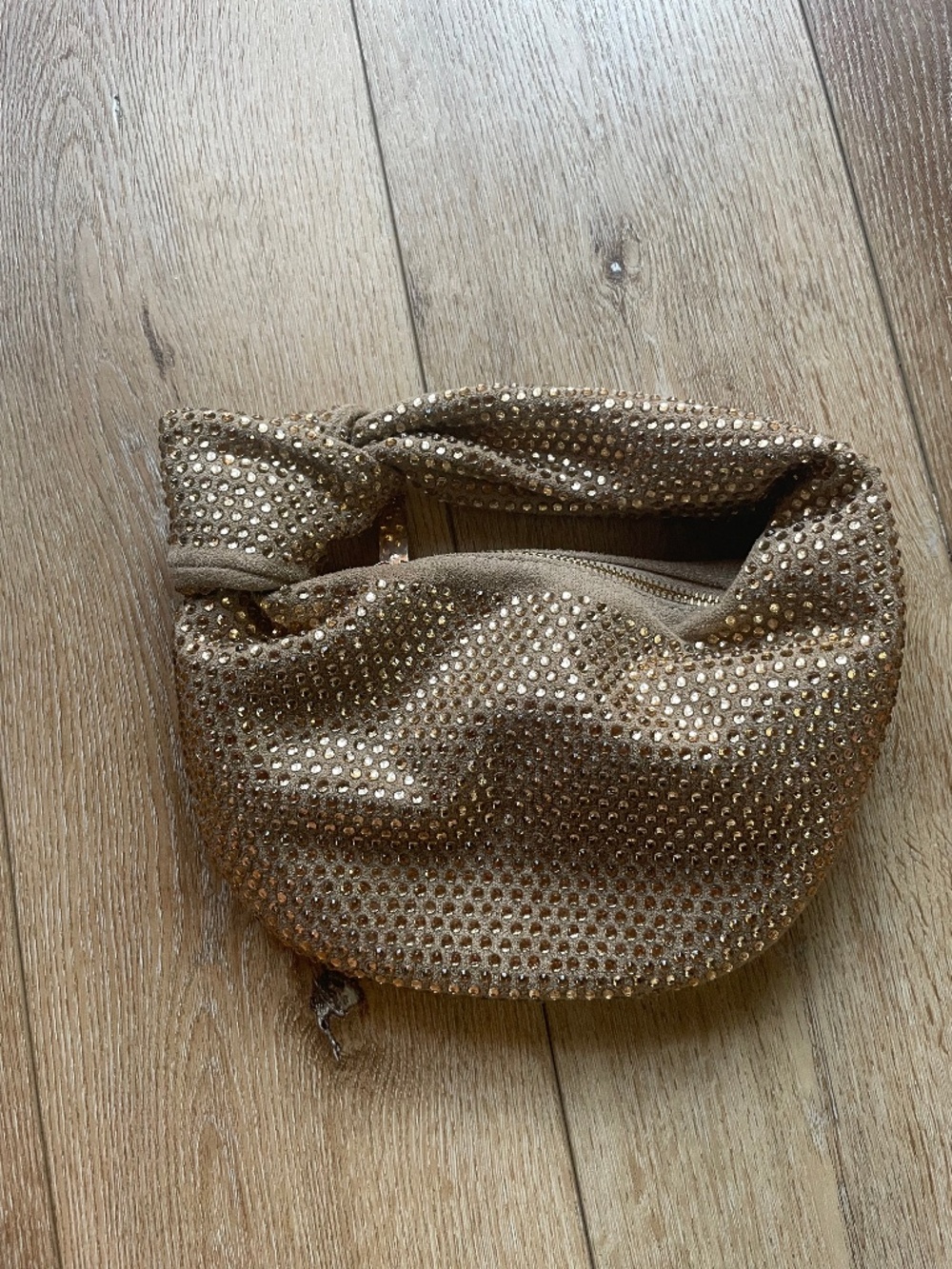 Gold Allover Stone Stud Soft Knotted Top Handle Evening Bag Champagne/Gold